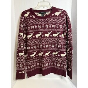 Forever 21 Mens Fair Isle Reindeer Holiday Sweater Burgundy Cream Size Medium